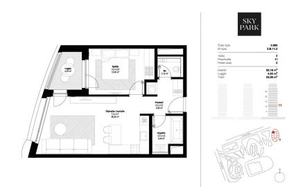 Predávame 2. izbový byt v projekte SKY PARK na 11. podlaží so západnou orientáciou a výhľadmi na hrad