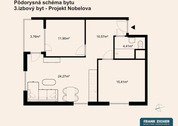 Predávame 3. izbový byt s parkovacím státím v projekte NOBELOVA