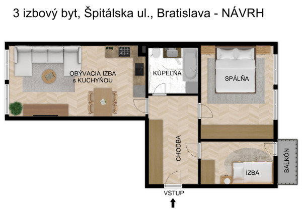 Predávame 2-izbový byt s potenciálom prerobenia na 3-izbový na Špitálskej ulici