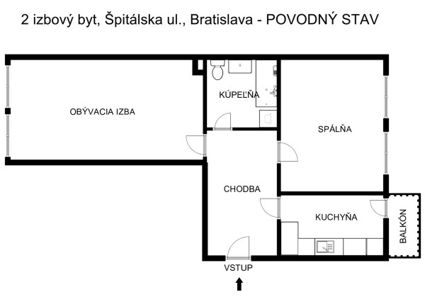 Predávame 2-izbový byt s potenciálom prerobenia na 3-izbový na Špitálskej ulici