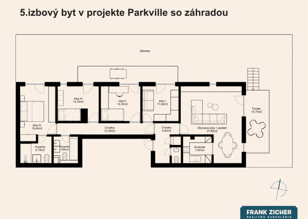 Predávame 5- izbový byt so záhradou v projekte Parkville  na Kolibe